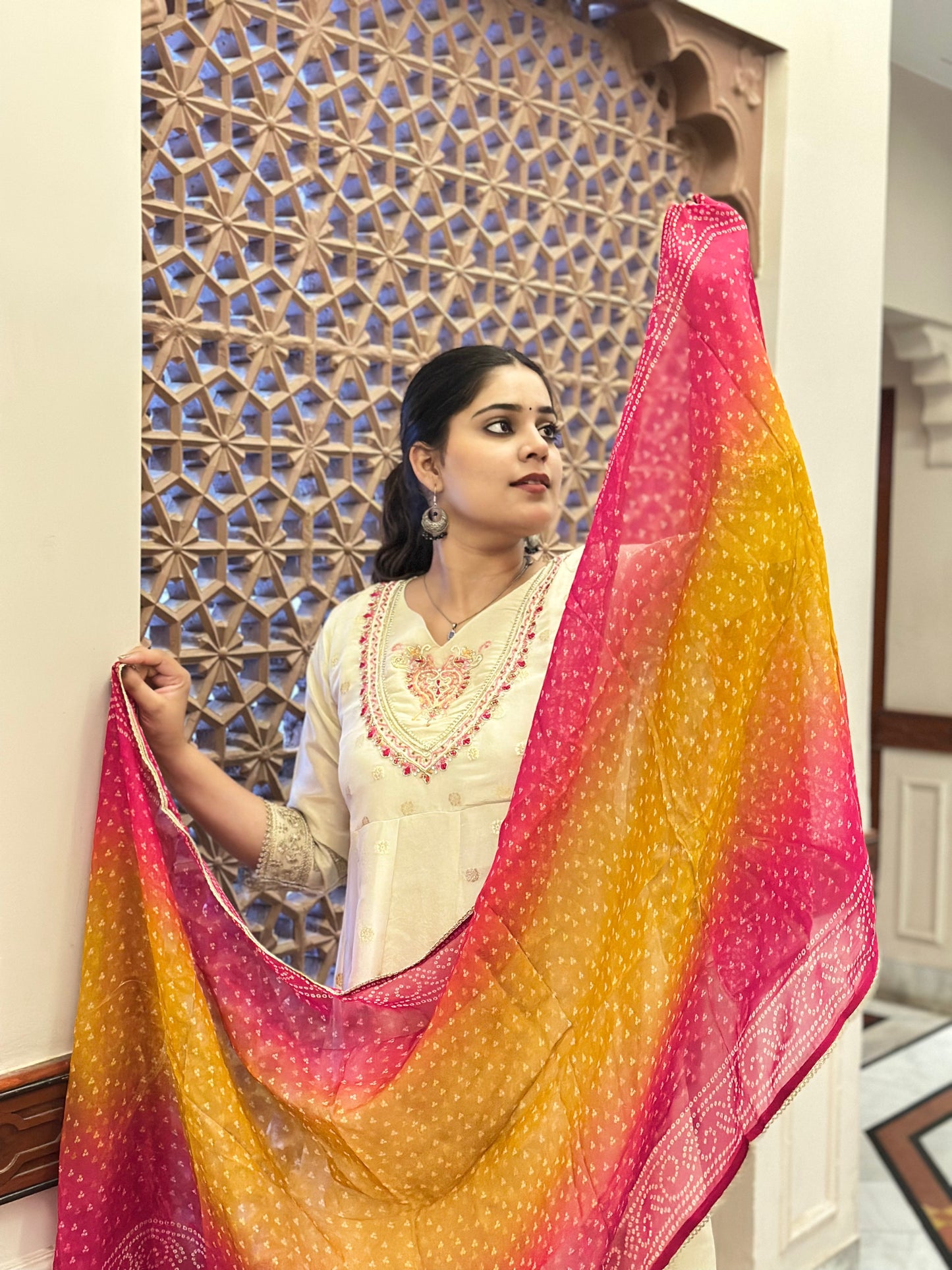 Women's White Shimmar Silk Anarkali Kurta Set with Embroidery & Organza Dupatta – Festive Wear (RR1024-White)