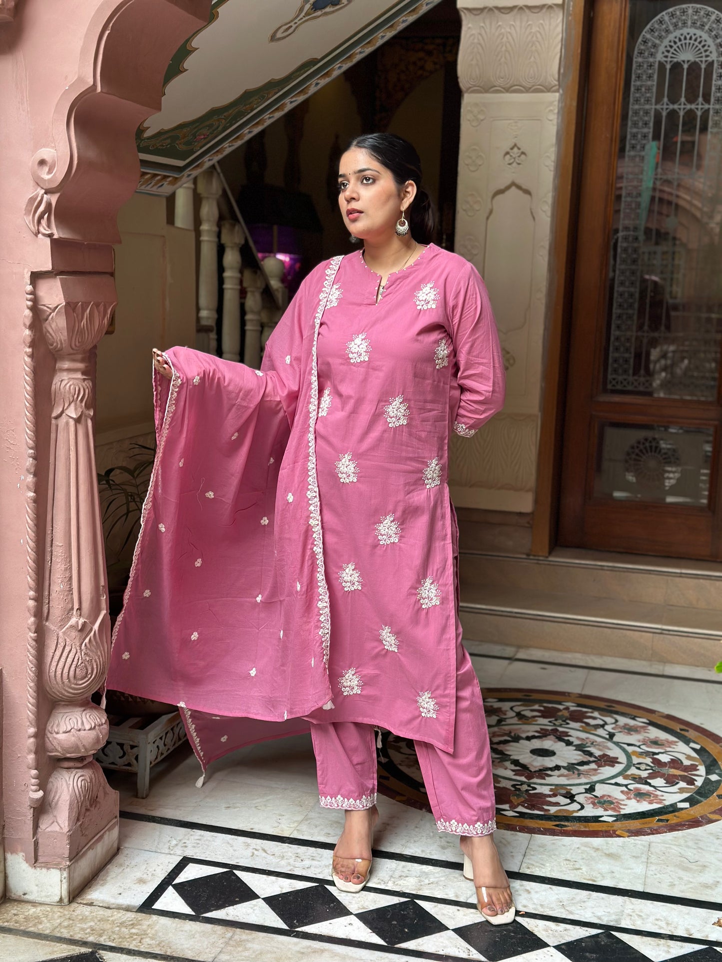 Women's Pink Cotton Straight Kurta Set with Embroidery & Neck Adda Work – Festive Wear (RR1028-Pink)