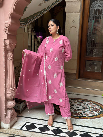 Women's Pink Cotton Straight Kurta Set with Embroidery & Neck Adda Work – Festive Wear (RR1028-Pink)