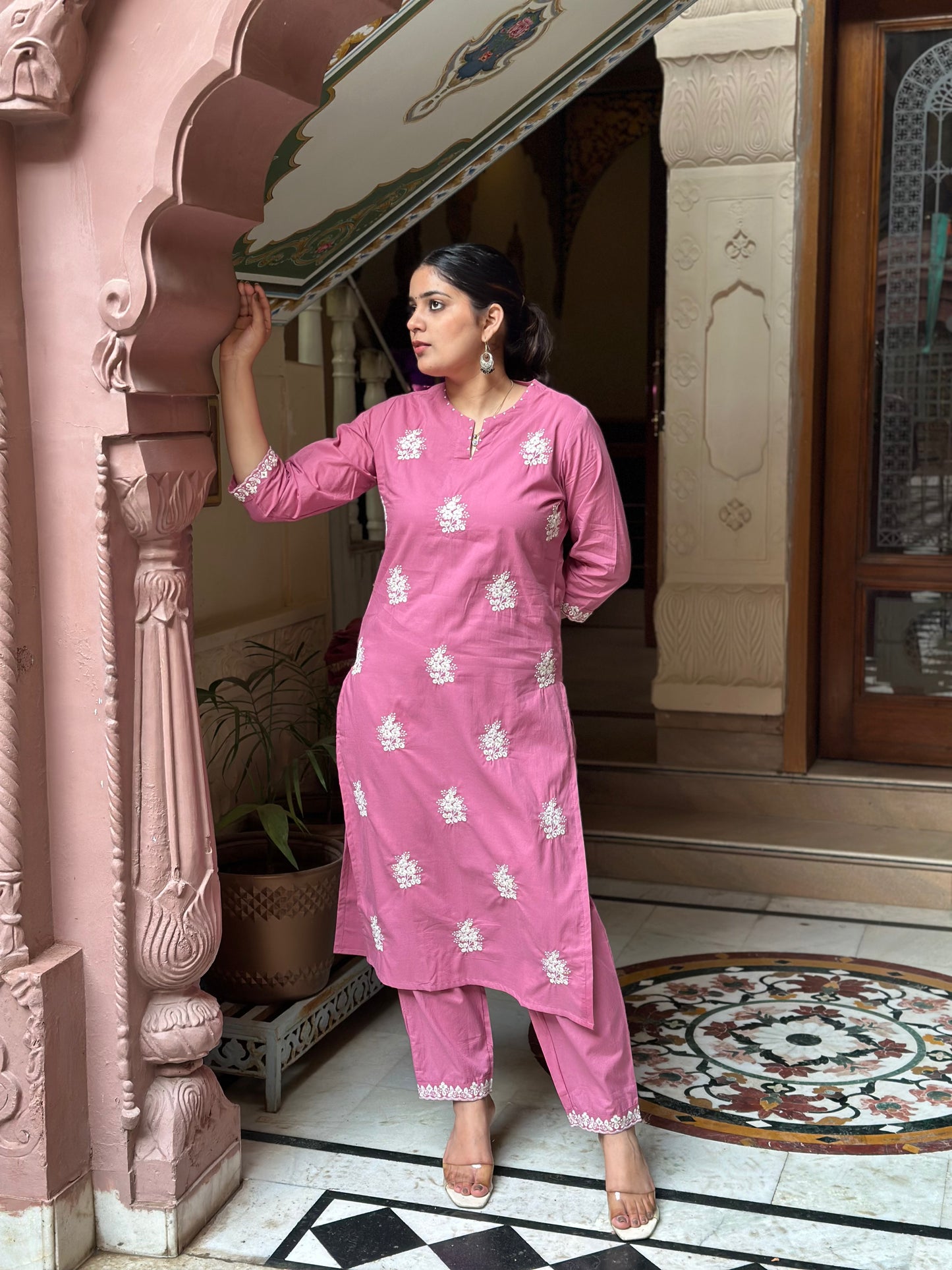 Women's Pink Cotton Straight Kurta Set with Embroidery & Neck Adda Work – Festive Wear (RR1028-Pink)