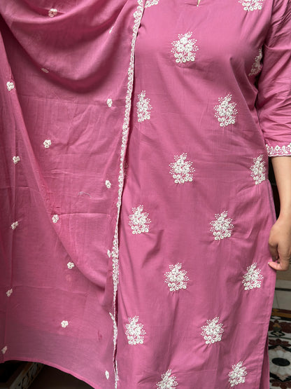 Women's Pink Cotton Straight Kurta Set with Embroidery & Neck Adda Work – Festive Wear (RR1028-Pink)