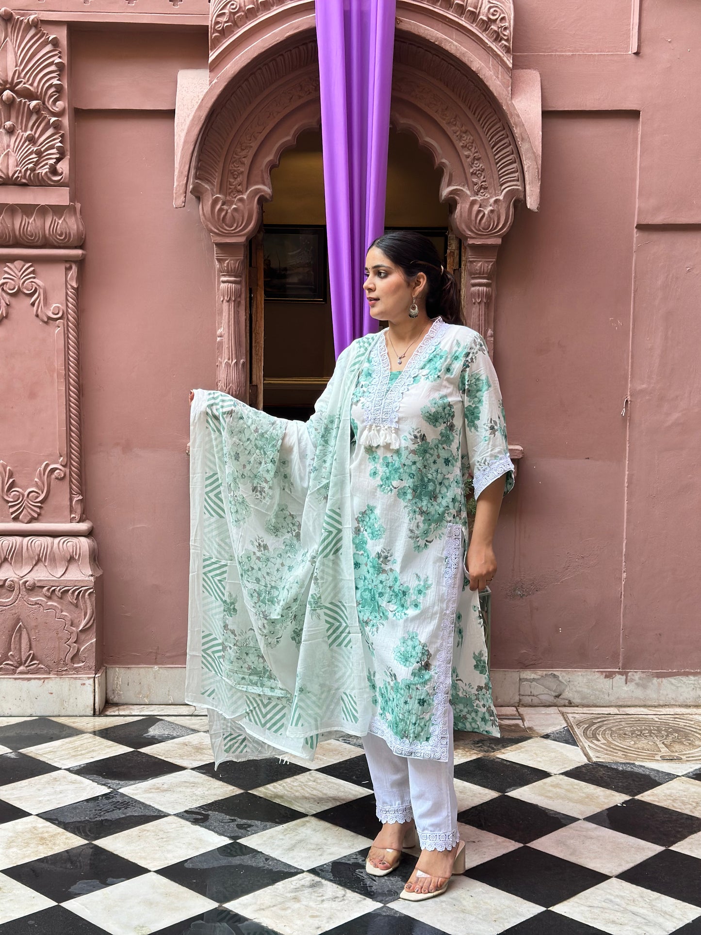 Women's White Cotton Straight Kurta Set with Embroidery, Lace Work & Tassels – Festive Wear (RR1032-White)