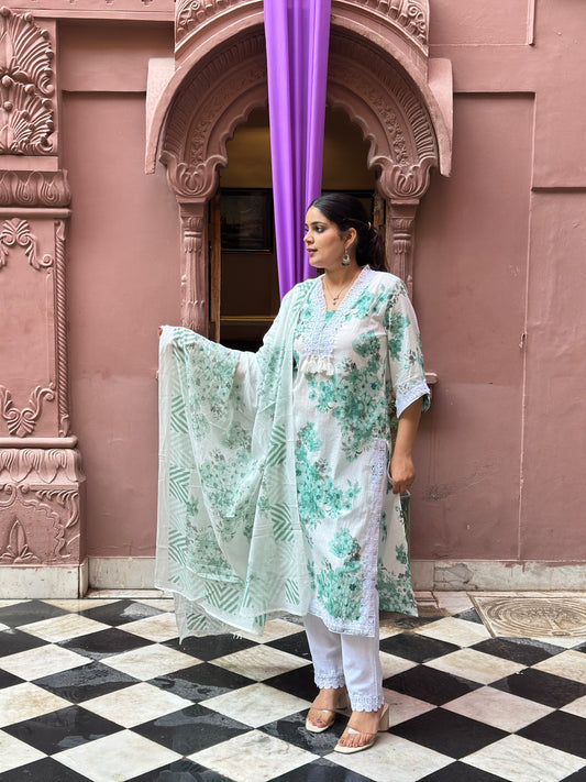 Women's White Cotton Straight Kurta Set with Embroidery, Lace Work & Tassels – Festive Wear (RR1032-White)