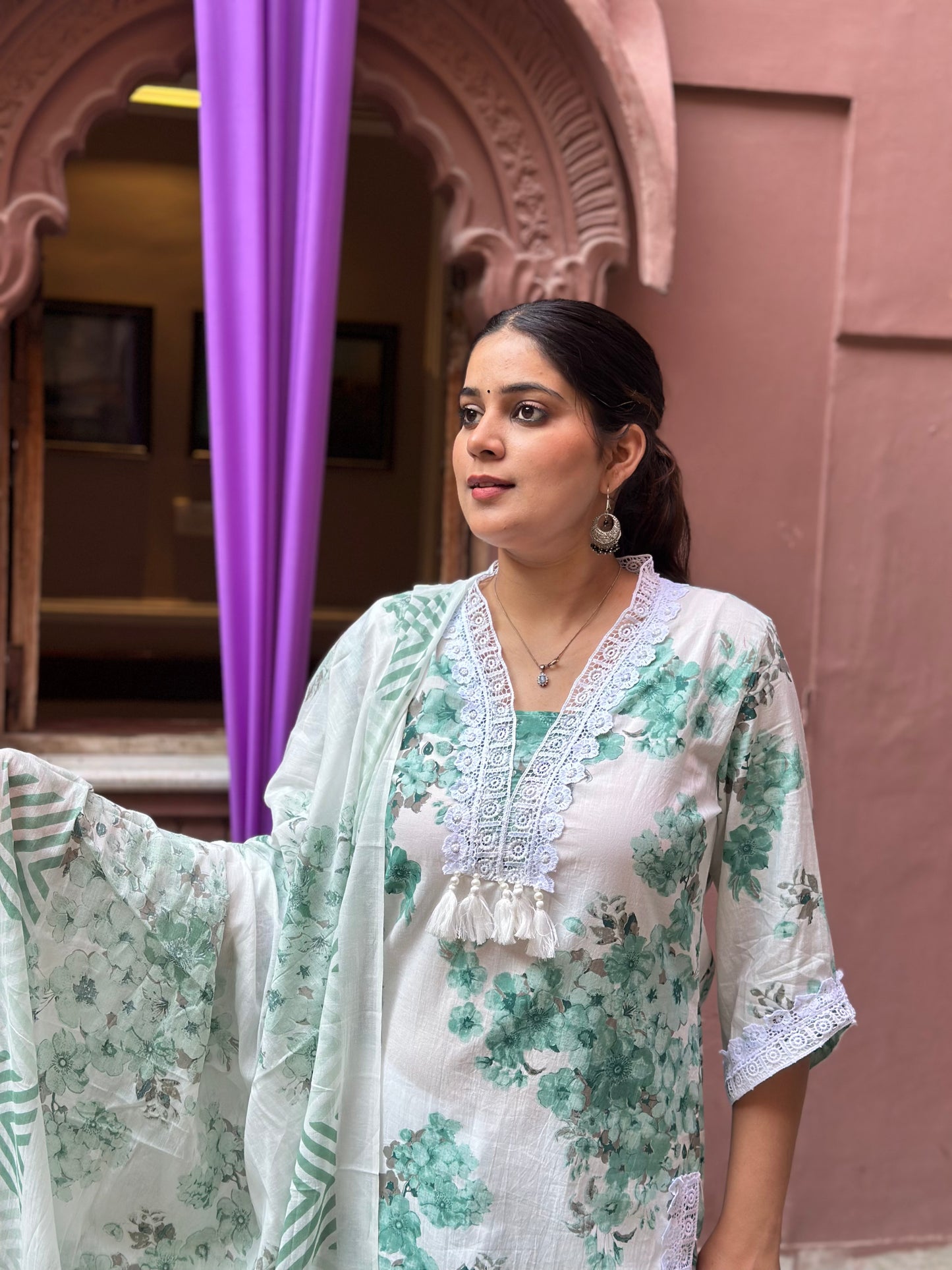 Women's White Cotton Straight Kurta Set with Embroidery, Lace Work & Tassels – Festive Wear (RR1032-White)