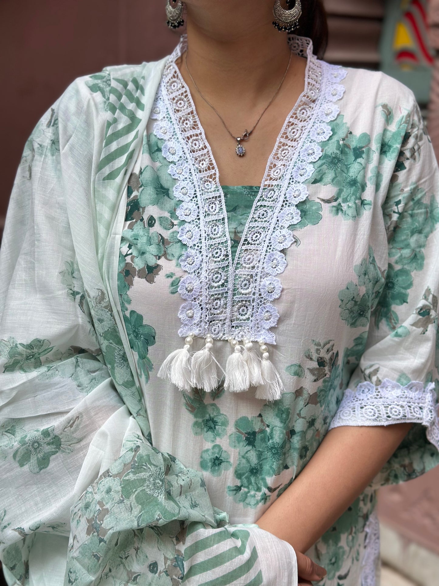 Women's White Cotton Straight Kurta Set with Embroidery, Lace Work & Tassels – Festive Wear (RR1032-White)