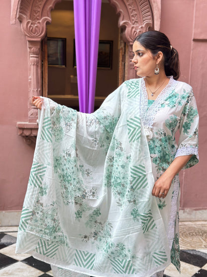 Women's White Cotton Straight Kurta Set with Embroidery, Lace Work & Tassels – Festive Wear (RR1032-White)