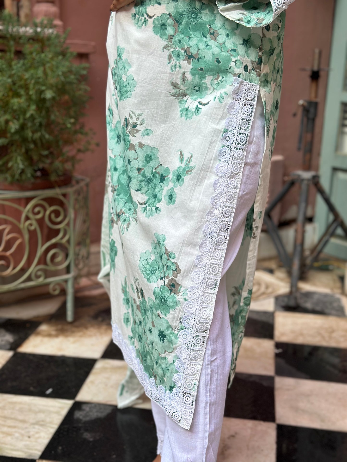 Women's White Cotton Straight Kurta Set with Embroidery, Lace Work & Tassels – Festive Wear (RR1032-White)