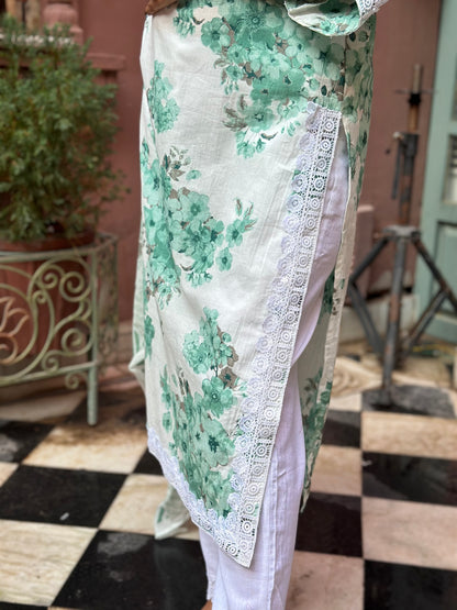 Women's White Cotton Straight Kurta Set with Embroidery, Lace Work & Tassels – Festive Wear (RR1032-White)