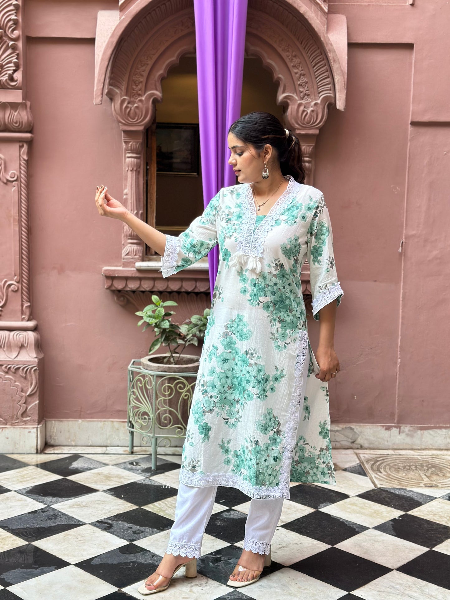 Women's White Cotton Straight Kurta Set with Embroidery, Lace Work & Tassels – Festive Wear (RR1032-White)