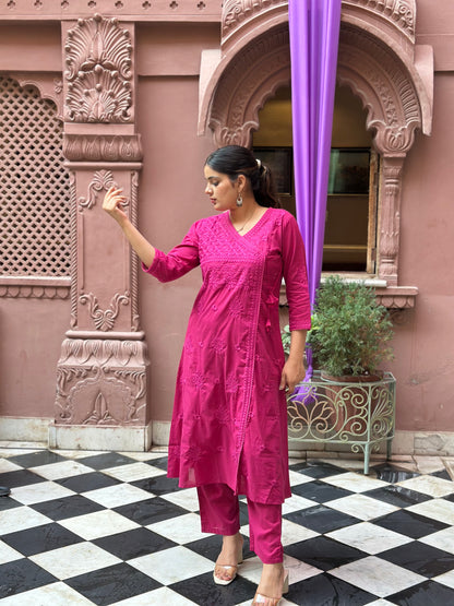 Women's Pink Cotton Angrakha Kurta Set with Embroidery – Festive Wear (RR1033-Pink)