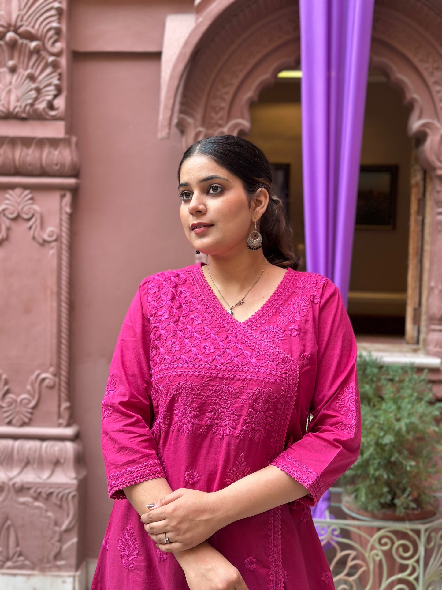 Women's Pink Cotton Angrakha Kurta Set with Embroidery – Festive Wear (RR1033-Pink)