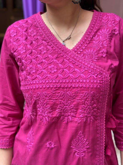 Women's Pink Cotton Angrakha Kurta Set with Embroidery – Festive Wear (RR1033-Pink)