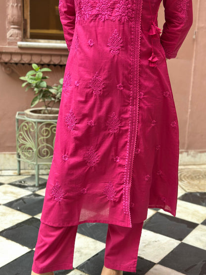 Women's Pink Cotton Angrakha Kurta Set with Embroidery – Festive Wear (RR1033-Pink)
