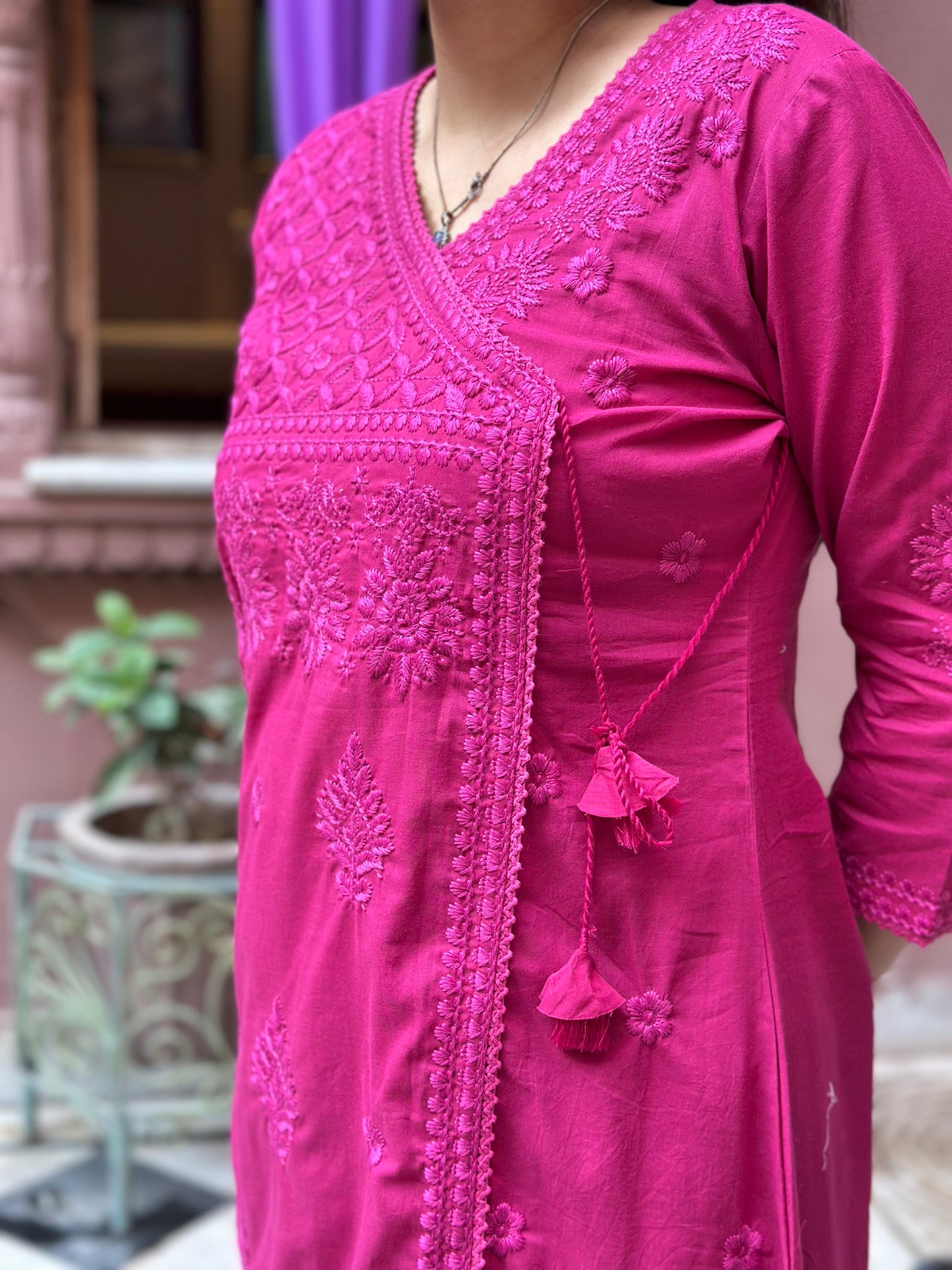 Women's Pink Cotton Angrakha Kurta Set with Embroidery – Festive Wear (RR1033-Pink)