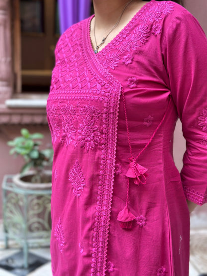 Women's Pink Cotton Angrakha Kurta Set with Embroidery – Festive Wear (RR1033-Pink)
