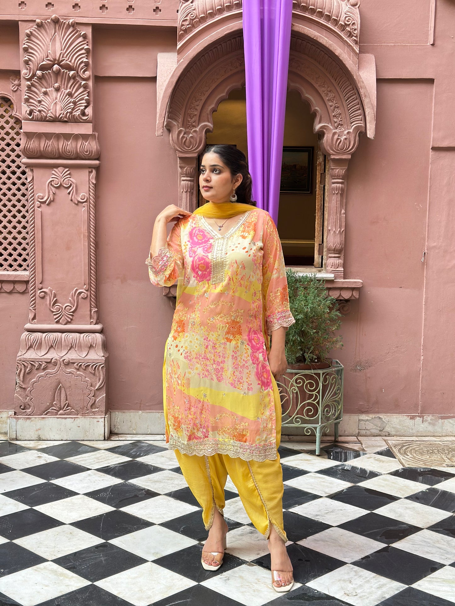 Women's Yellow Chinon Straight Kurta Set with Lace Work – Festive Wear (RR1035-Yellow)