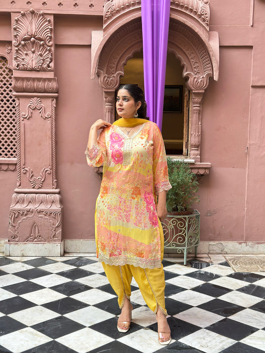 Women's Yellow Chinon Straight Kurta Set with Lace Work – Festive Wear (RR1035-Yellow)