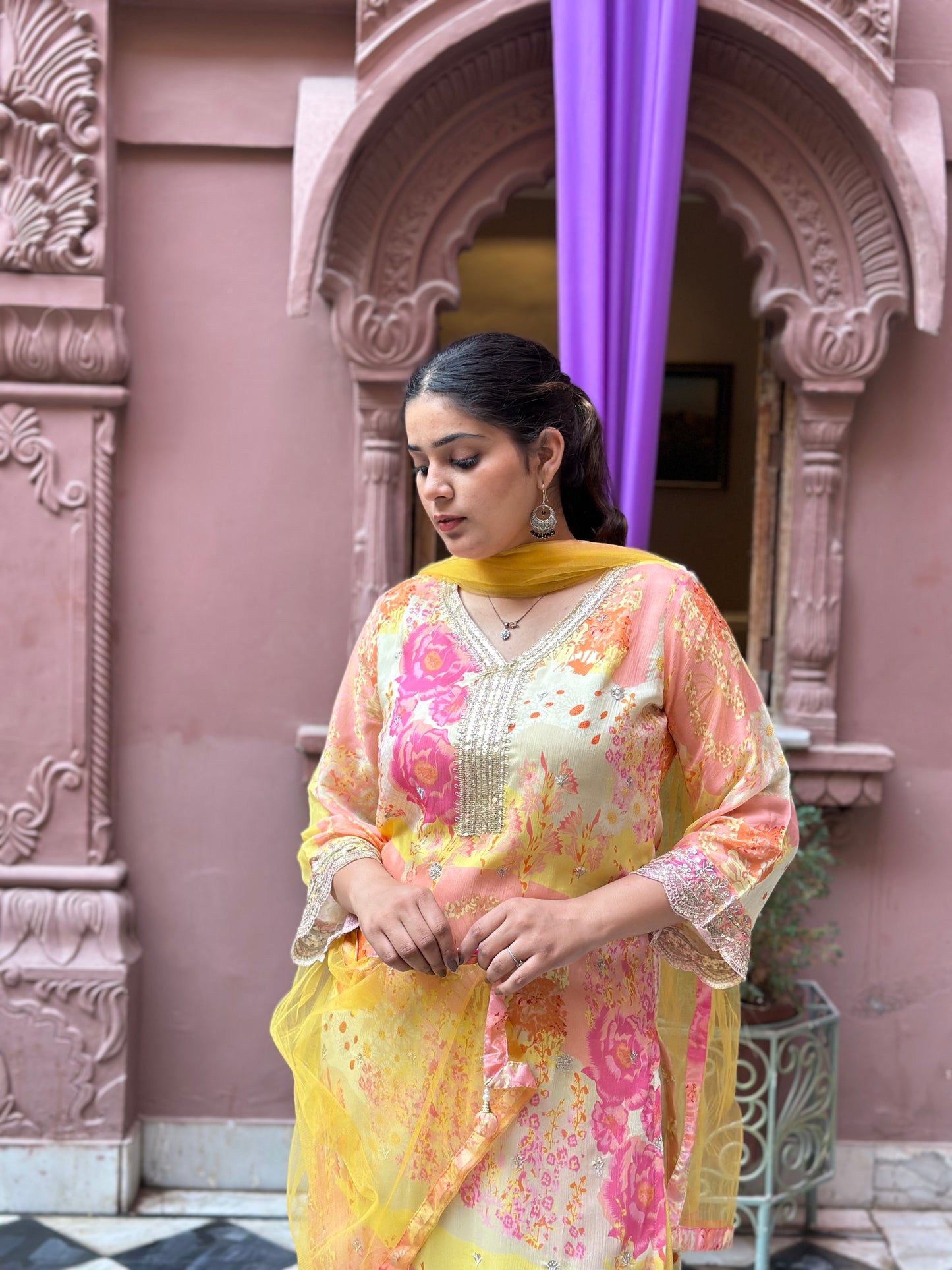 Women's Yellow Chinon Straight Kurta Set with Lace Work – Festive Wear (RR1035-Yellow)