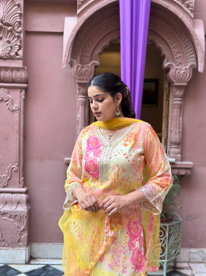 Women's Yellow Chinon Straight Kurta Set with Lace Work – Festive Wear (RR1035-Yellow)