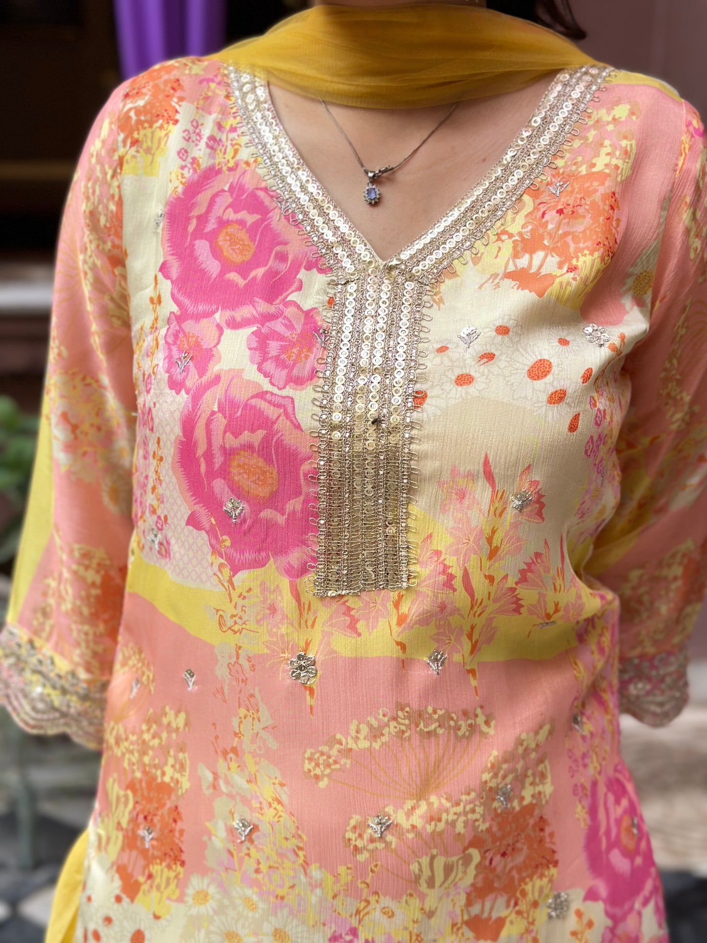 Women's Yellow Chinon Straight Kurta Set with Lace Work – Festive Wear (RR1035-Yellow)