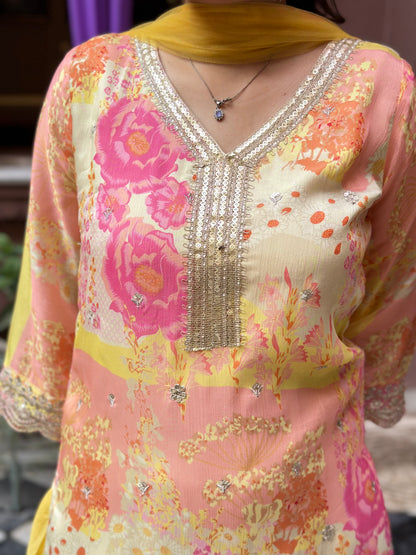 Women's Yellow Chinon Straight Kurta Set with Lace Work – Festive Wear (RR1035-Yellow)