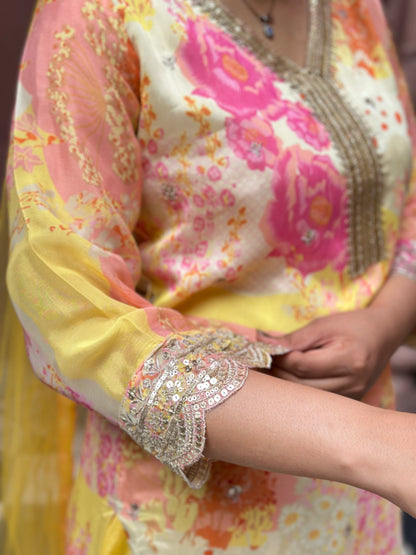 Women's Yellow Chinon Straight Kurta Set with Lace Work – Festive Wear (RR1035-Yellow)