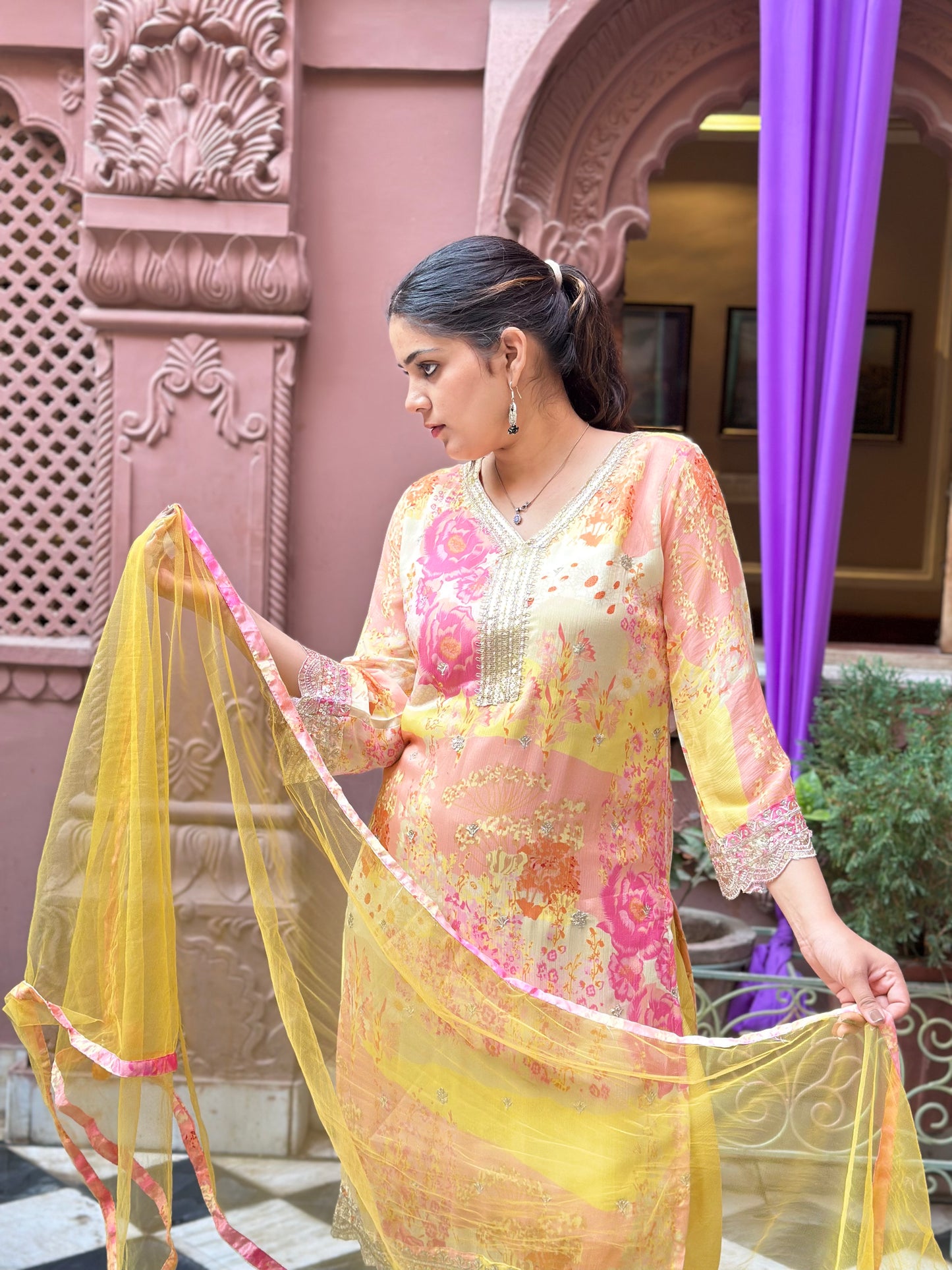 Women's Yellow Chinon Straight Kurta Set with Lace Work – Festive Wear (RR1035-Yellow)