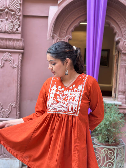 Women's Orange Pure Cotton Embroidered Top & Pant Set – Festive Wear (RR1036-Orange)