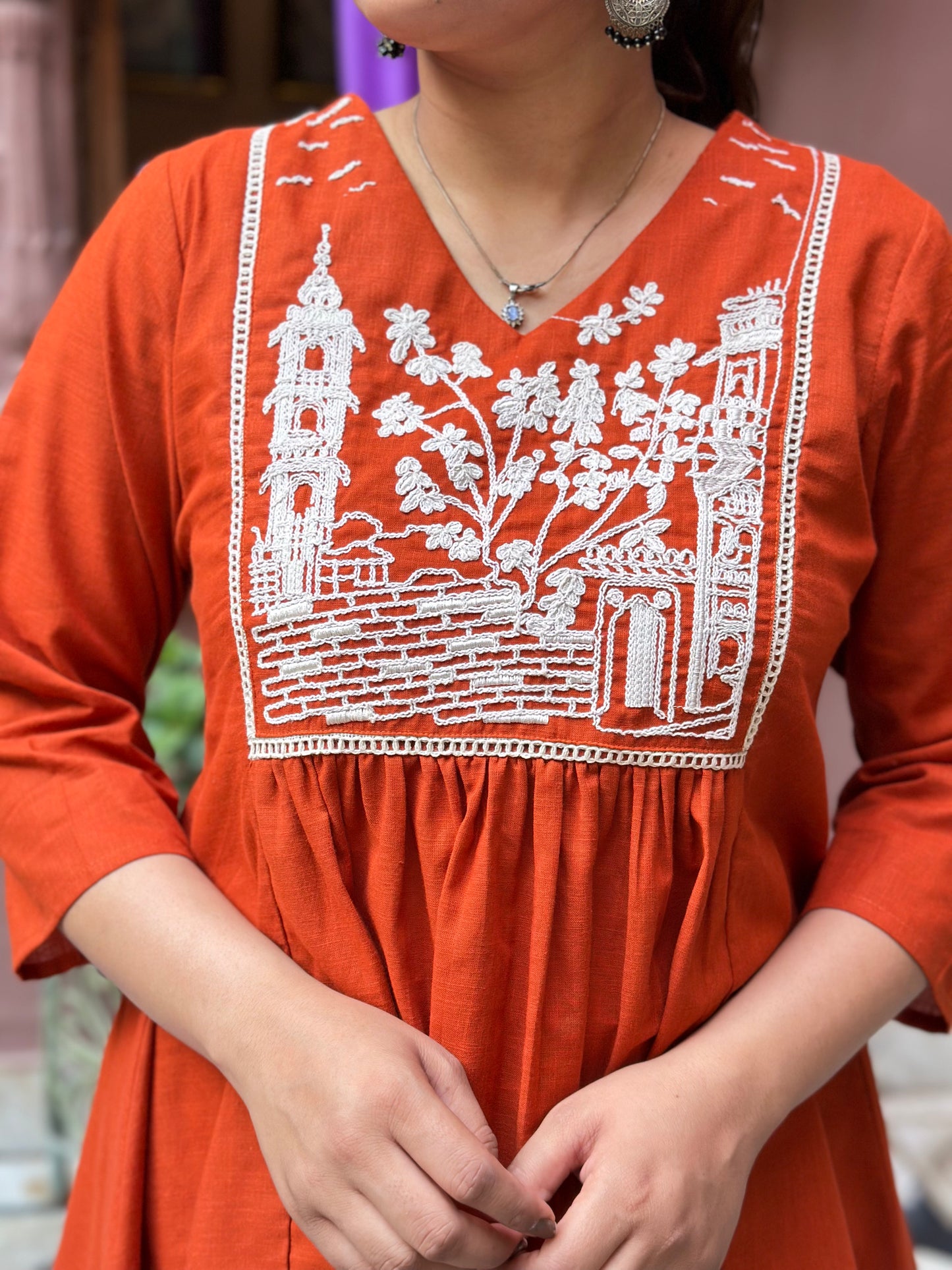 Women's Orange Pure Cotton Embroidered Top & Pant Set – Festive Wear (RR1036-Orange)