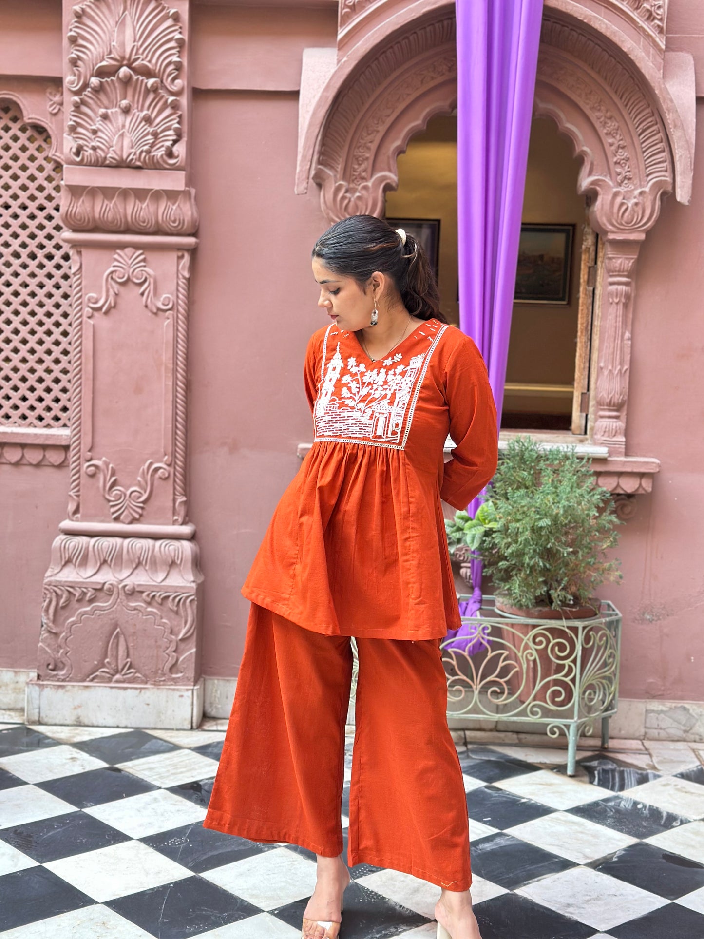 Women's Orange Pure Cotton Embroidered Top & Pant Set – Festive Wear (RR1036-Orange)