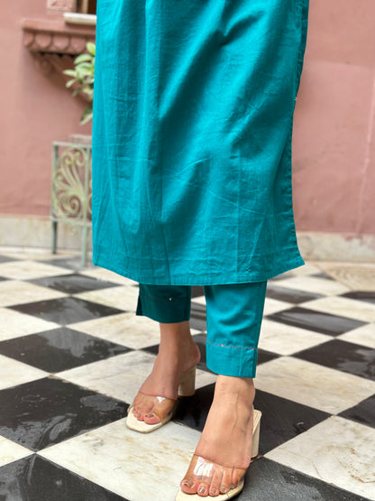 Women's Blue Khadi Cotton Embroidered Kurta Set – Festive Wear (RR1037-Blue)