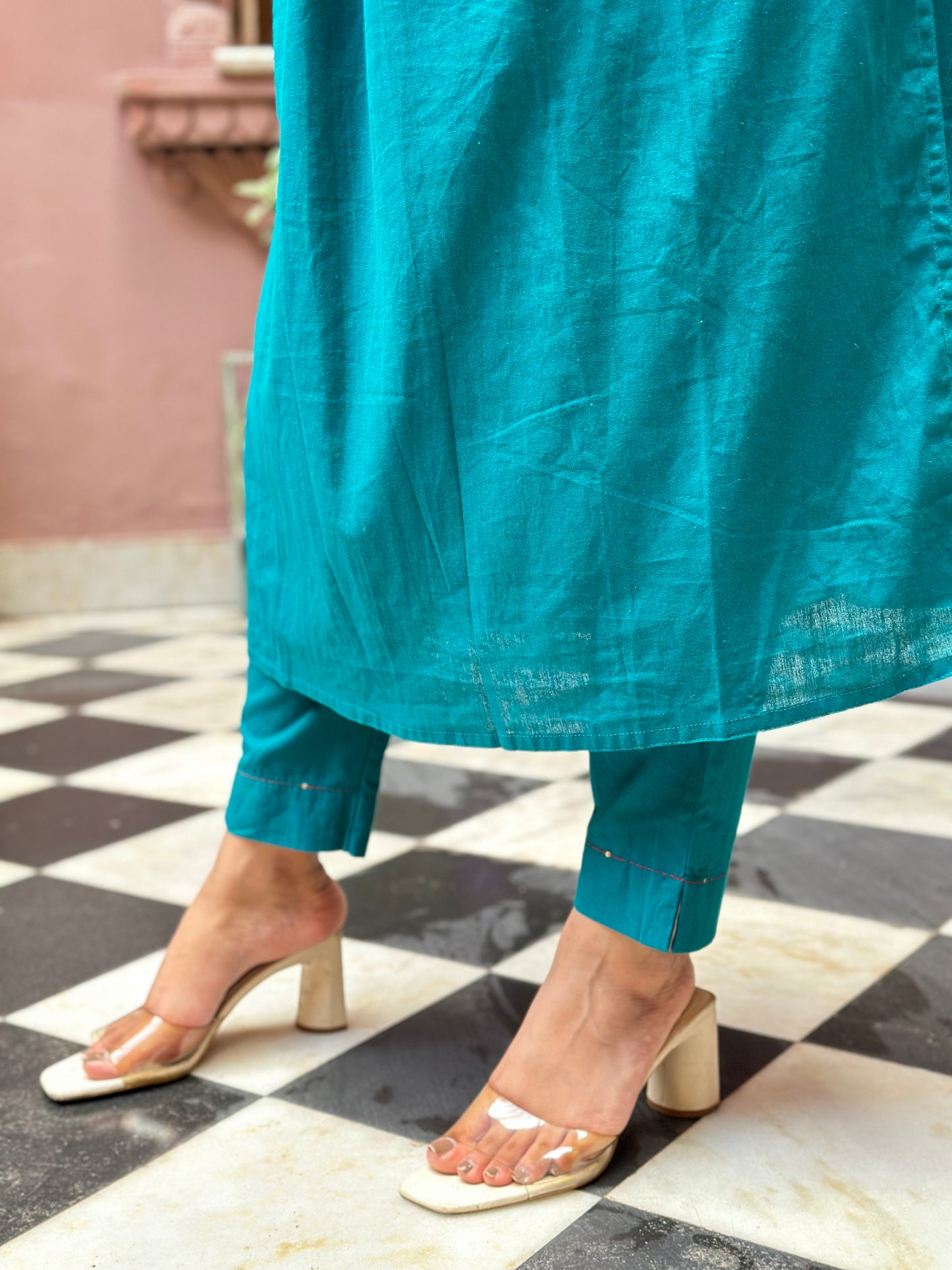 Women's Blue Khadi Cotton Embroidered Kurta Set – Festive Wear (RR1037-Blue)