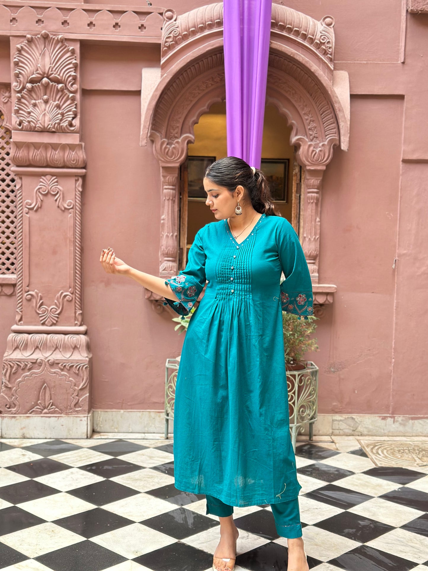 Women's Blue Khadi Cotton Embroidered Kurta Set – Festive Wear (RR1037-Blue)