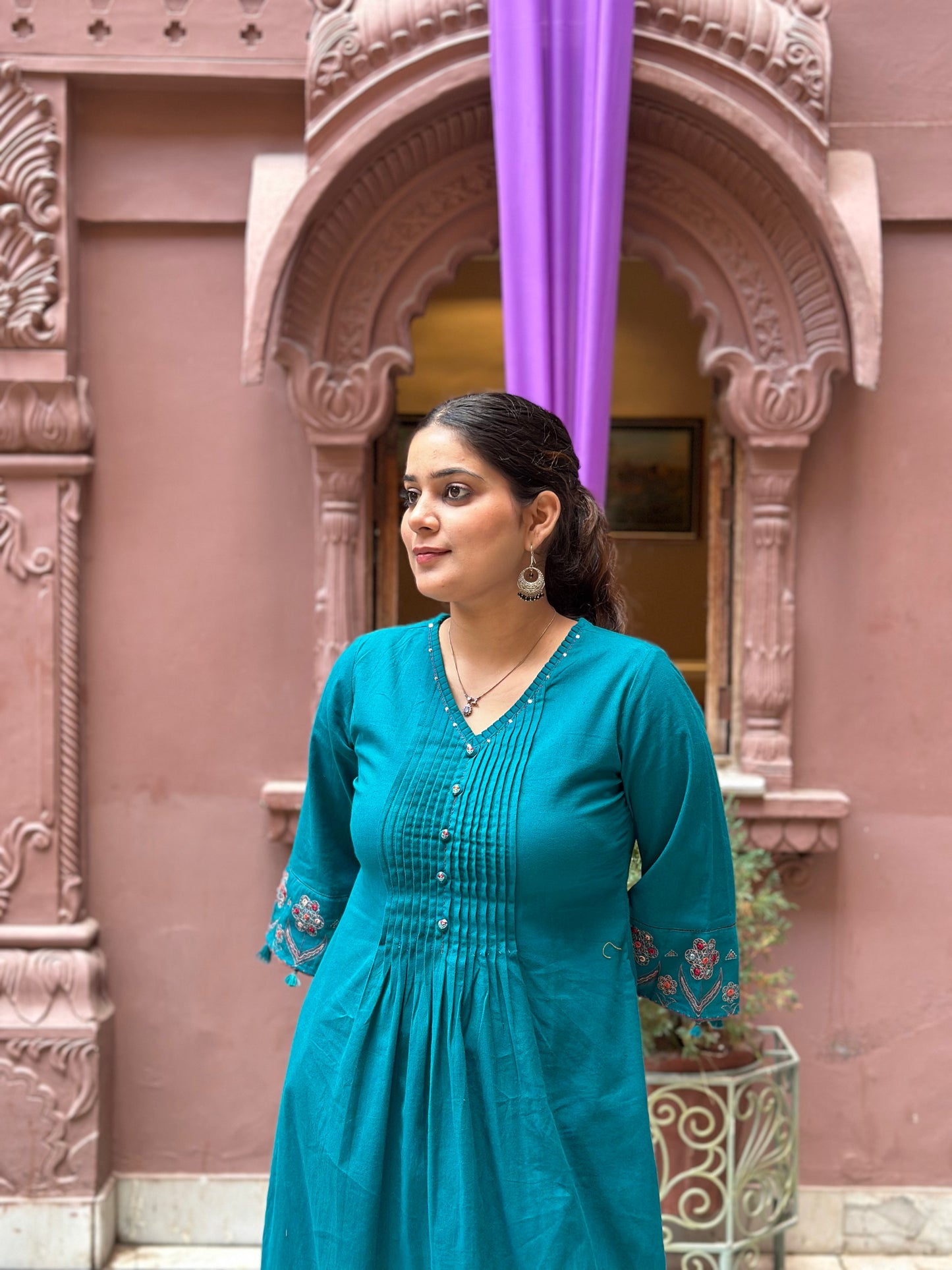 Women's Blue Khadi Cotton Embroidered Kurta Set – Festive Wear (RR1037-Blue)