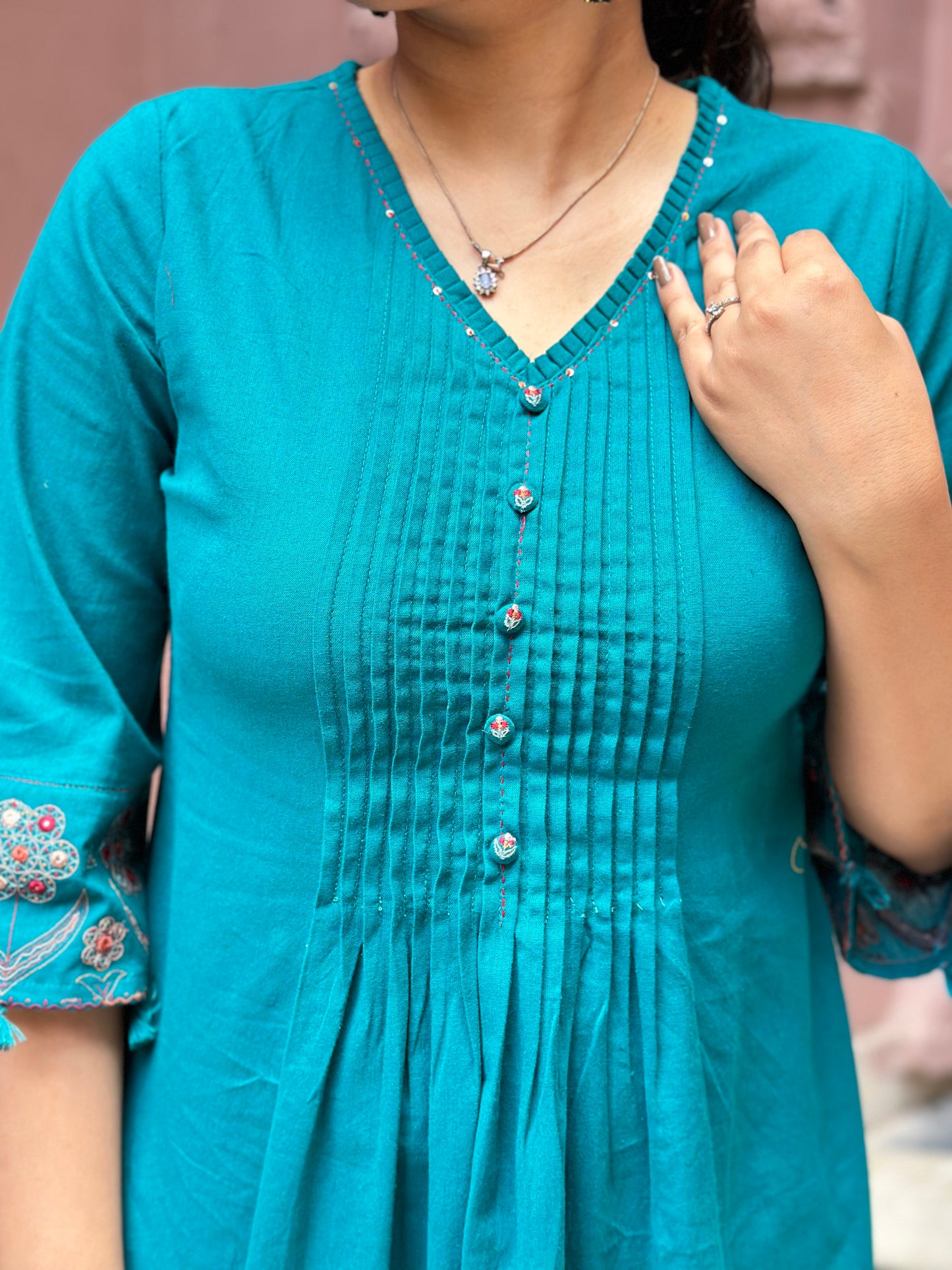 Women's Blue Khadi Cotton Embroidered Kurta Set – Festive Wear (RR1037-Blue)