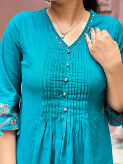 Women's Blue Khadi Cotton Embroidered Kurta Set – Festive Wear (RR1037-Blue)