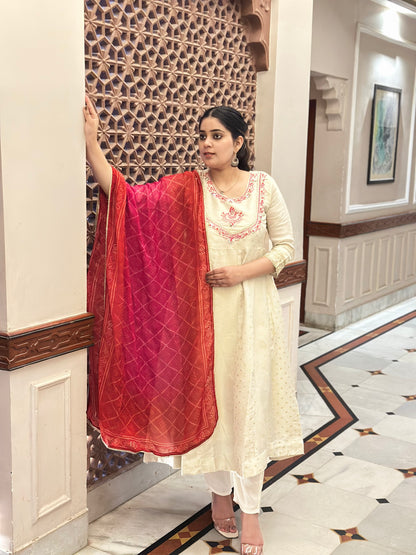 Women's Cream Shimmer Silk Anarkali Kurta Set – Heavy Adda Work & Bandhani Dupatta (RR1041-Cream)