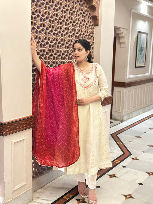 Women's Cream Shimmer Silk Anarkali Kurta Set – Heavy Adda Work & Bandhani Dupatta (RR1041-Cream)
