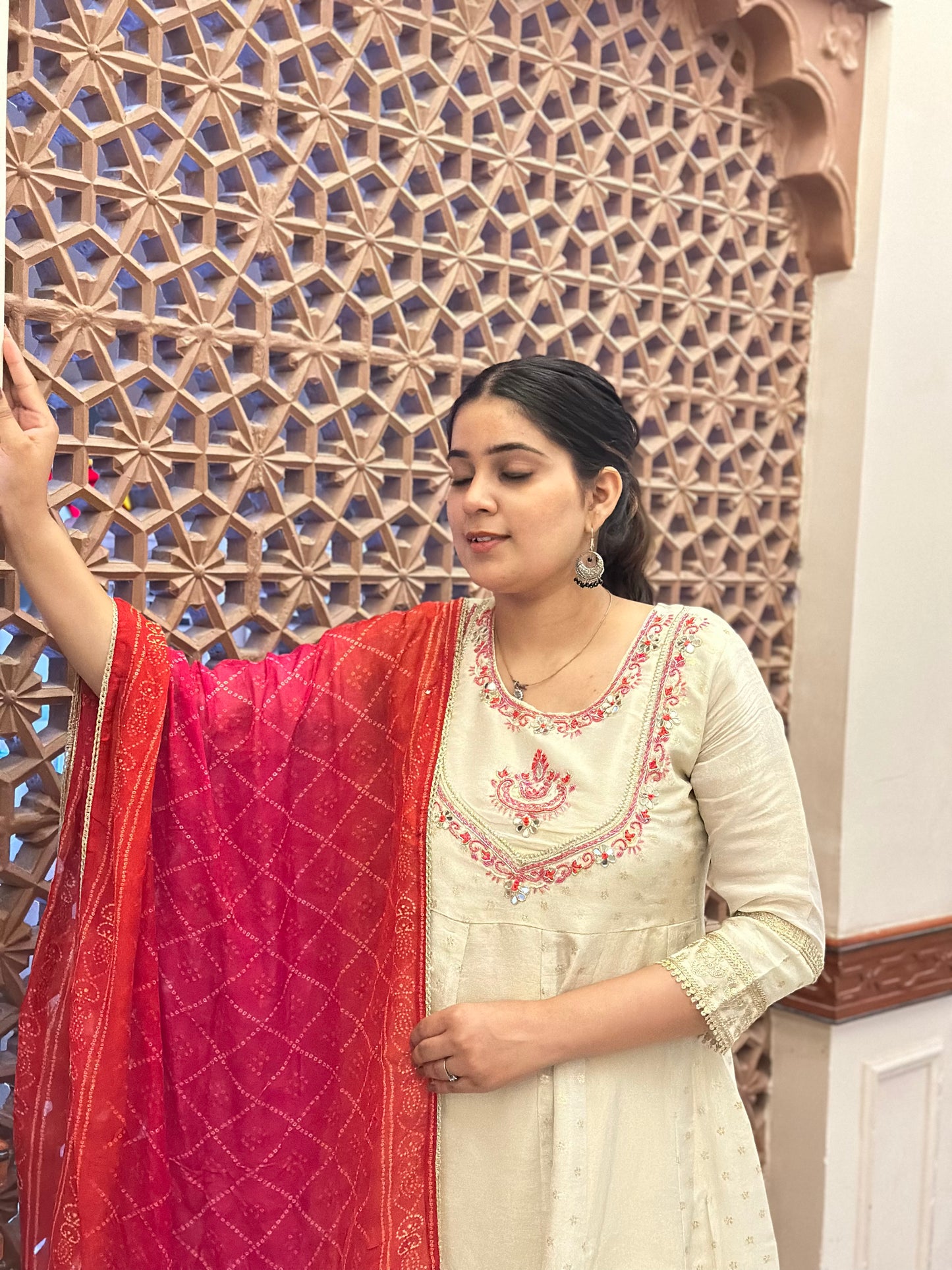 Women's Cream Shimmer Silk Anarkali Kurta Set – Heavy Adda Work & Bandhani Dupatta (RR1041-Cream)