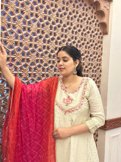 Women's Cream Shimmer Silk Anarkali Kurta Set – Heavy Adda Work & Bandhani Dupatta (RR1041-Cream)