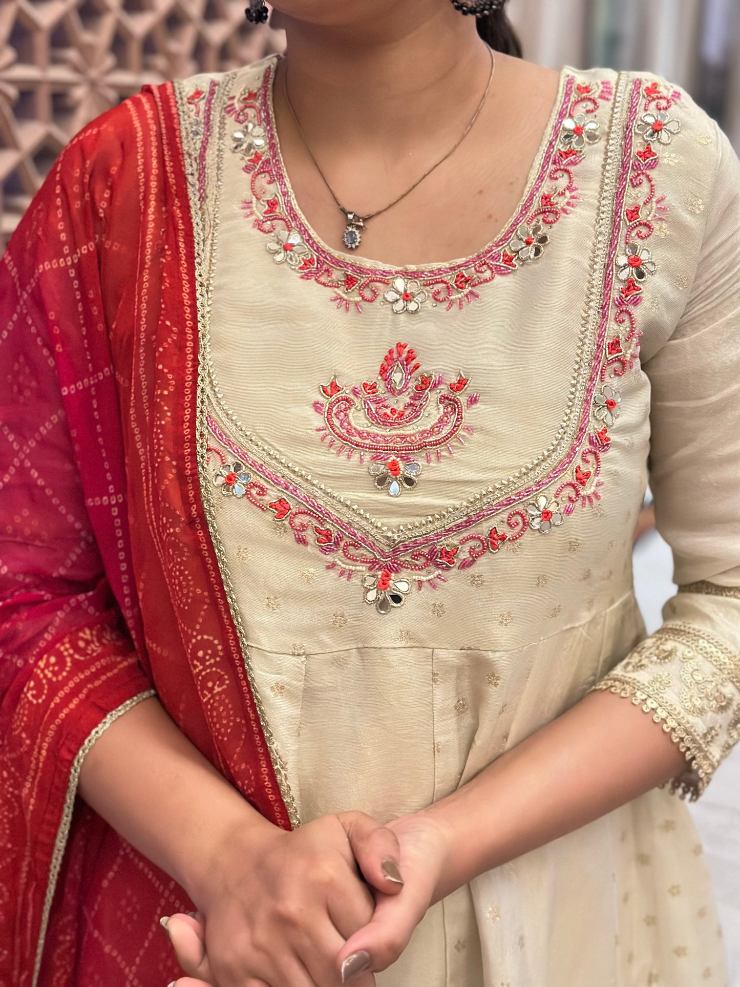 Women's Cream Shimmer Silk Anarkali Kurta Set – Heavy Adda Work & Bandhani Dupatta (RR1041-Cream)