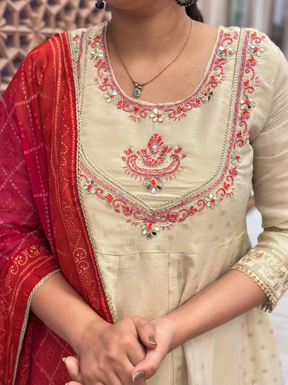 Women's Cream Shimmer Silk Anarkali Kurta Set – Heavy Adda Work & Bandhani Dupatta (RR1041-Cream)