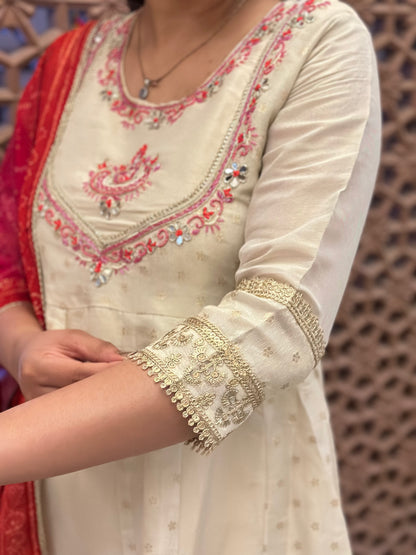 Women's Cream Shimmer Silk Anarkali Kurta Set – Heavy Adda Work & Bandhani Dupatta (RR1041-Cream)