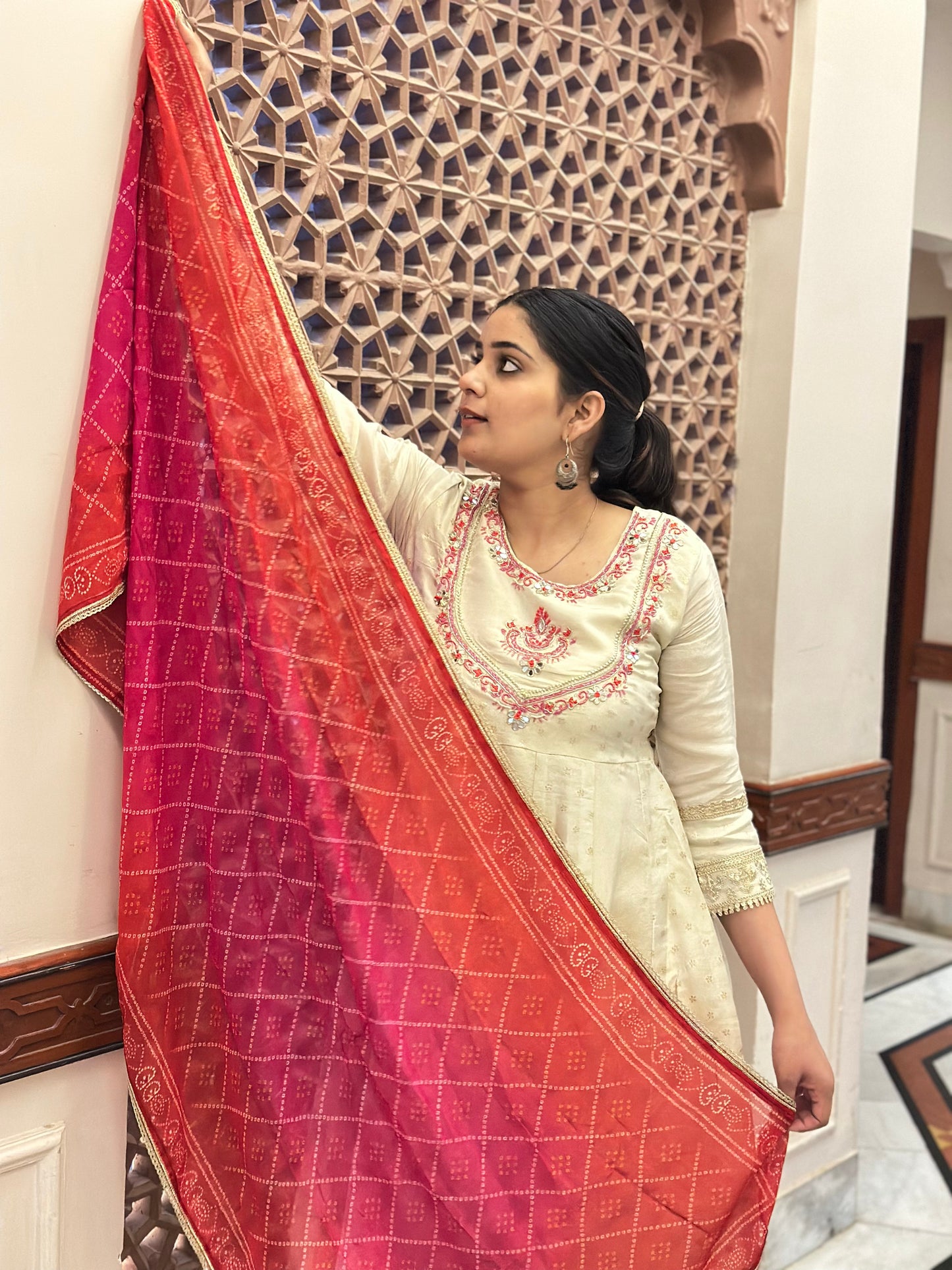 Women's Cream Shimmer Silk Anarkali Kurta Set – Heavy Adda Work & Bandhani Dupatta (RR1041-Cream)