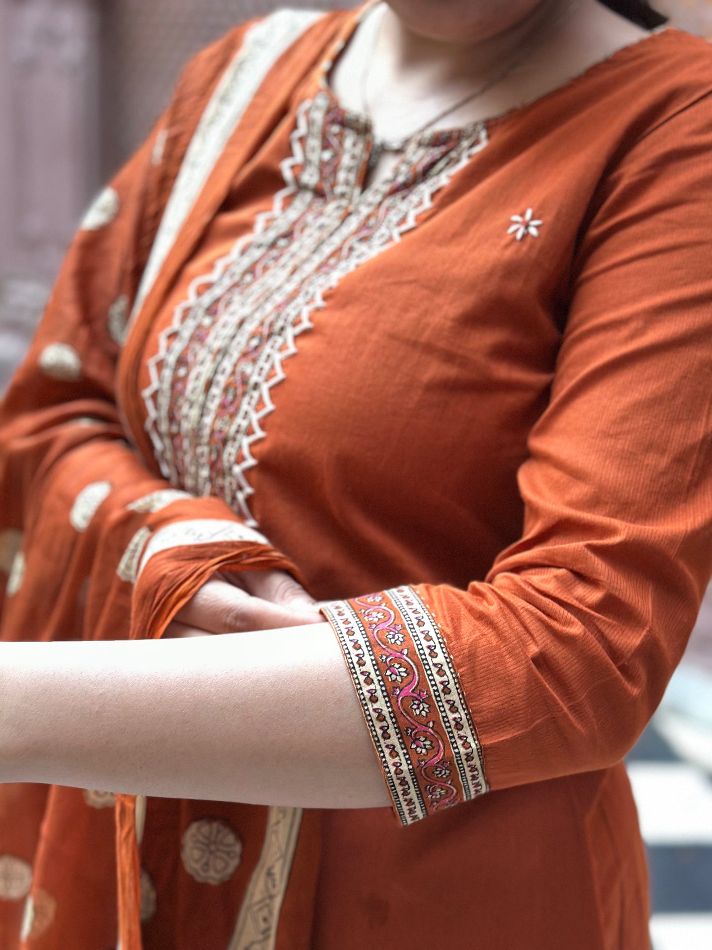 Women's Orange Pure Cotton Straight Kurta Set – Kantha Work & Printed Dupatta (RR1043-Orange)