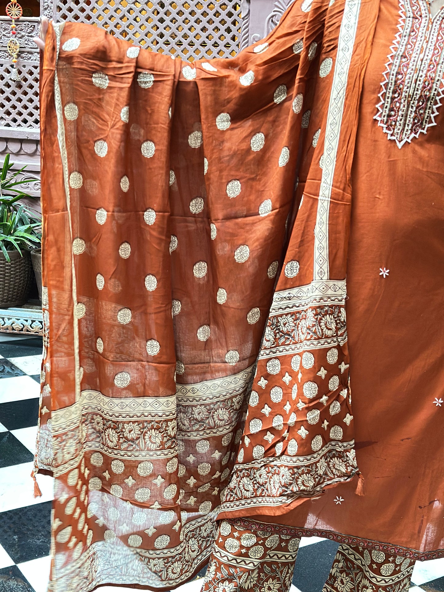 Women's Orange Pure Cotton Straight Kurta Set – Kantha Work & Printed Dupatta (RR1043-Orange)