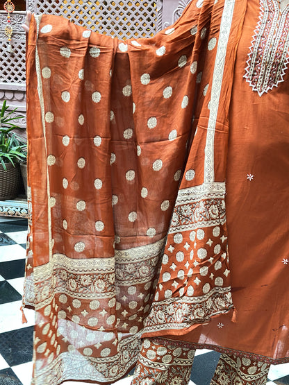 Women's Orange Pure Cotton Straight Kurta Set – Kantha Work & Printed Dupatta (RR1043-Orange)