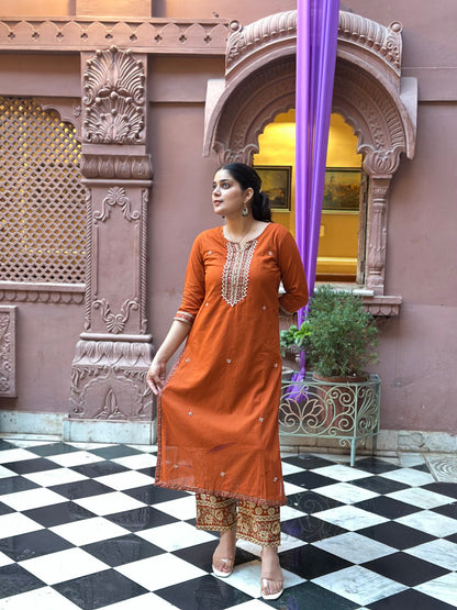 Women's Orange Pure Cotton Straight Kurta Set – Kantha Work & Printed Dupatta (RR1043-Orange)
