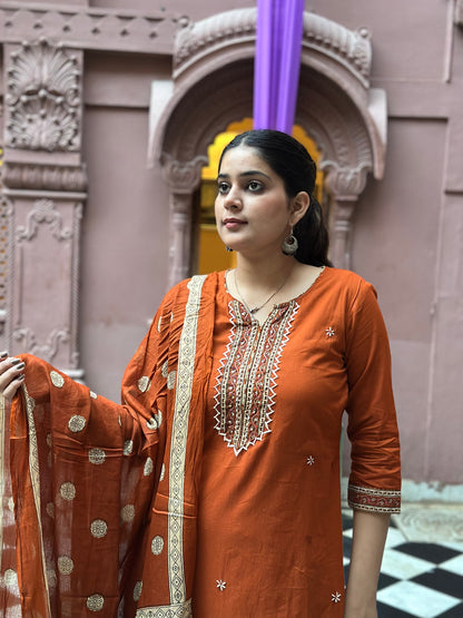 Women's Orange Pure Cotton Straight Kurta Set – Kantha Work & Printed Dupatta (RR1043-Orange)