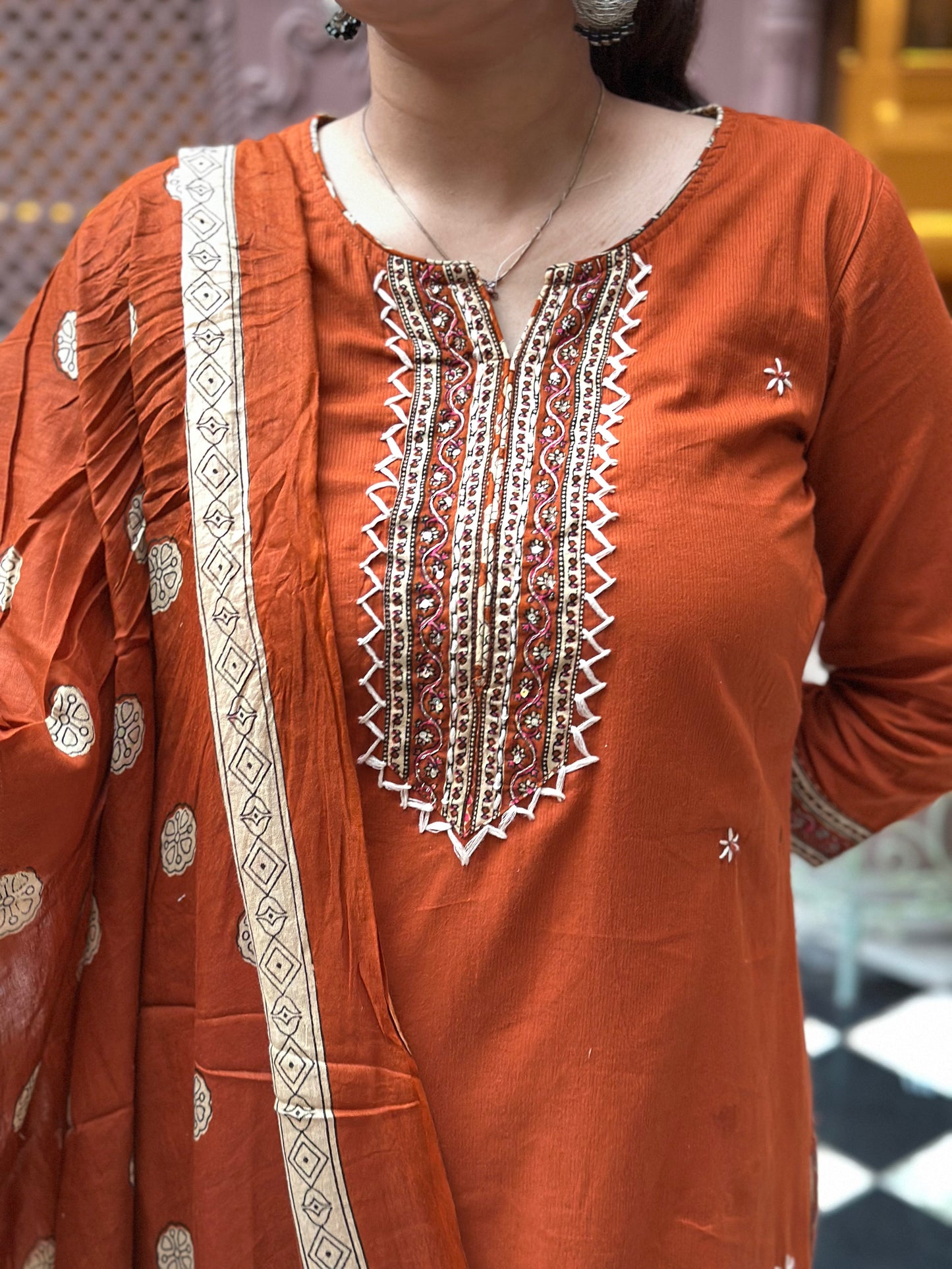 Women's Orange Pure Cotton Straight Kurta Set – Kantha Work & Printed Dupatta (RR1043-Orange)